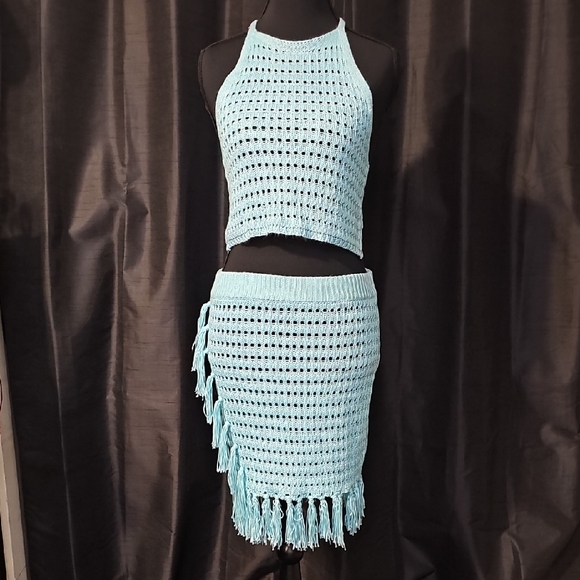 Love knit Dresses & Skirts - Crochet Halter Top and Skirt Set - Light Teal